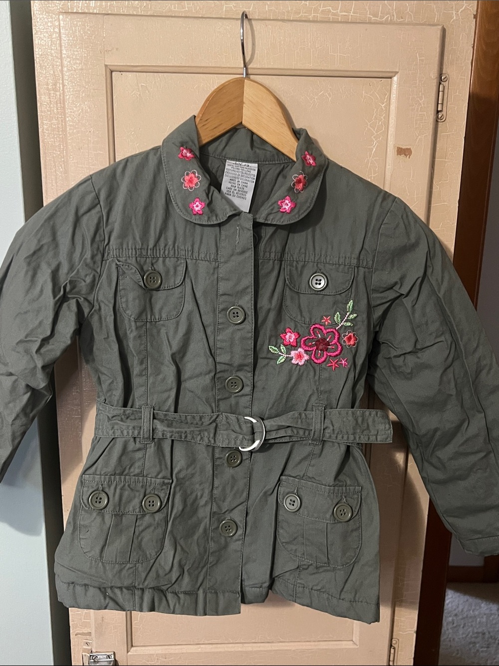 Vintage Girls' Olive Green Embroidered Belted Jacket